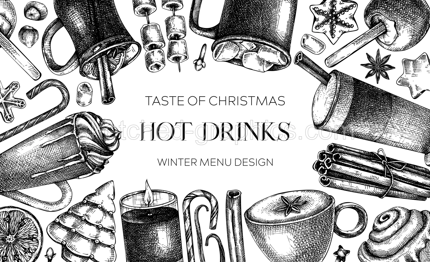 Hot drinks menu design. Mulled wine, coffee, hot chocolate, cocoa vector sketches. Christmas design template. Winter drinks and sweets frame template. Vintage food background. Christmas bar menu. Illustration